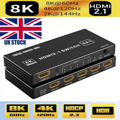 UK HDMI 2.1 Switch 4K 120Hz 5 Port 8K 60Hz HDMI Switch Splitter 144Hz Vision HDR • £28.12