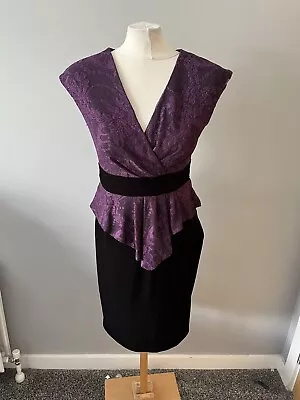 Ladies M&S Per Una Black And Purple Velvet And Lace Peplum Style Dress Size 10 • £8