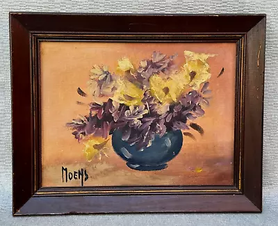 Old Moens Vintage Antique Signed Oil Painting Still Life Vase Pot With Flowers • $20