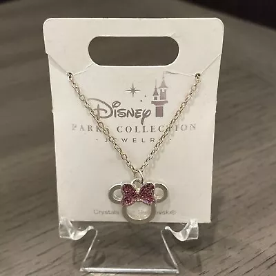 Disney Parks Minnie Mouse Pink Glitter Bow Gold Color Necklace Silver Charm • $10