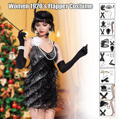 1920's Ladies Gatsby Fancy Dress Flapper Charleston Girl Costume Set Accessories • £17.51