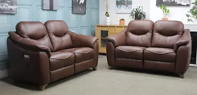 G Plan Jackson Pair Of Electric 2 Seater Sofas In Capri Oak Leather. Rrp £6698. • £2699