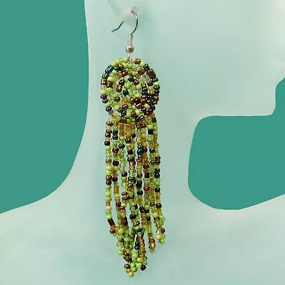 3  LONG Green Multi Color Handmade Dangle Seed Bead Chandelier Dangle Earring  • $7.99