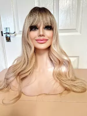 FAST DISPATCH Light Blonde Dark Root Ombre Synthetic Wig Classic Cap Long Bangs • £49.99
