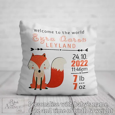 BABY DETAILS CUSHION Girl Boy Birth Stats Parents Gift Fox Newborn Baby Pillow • £21.99