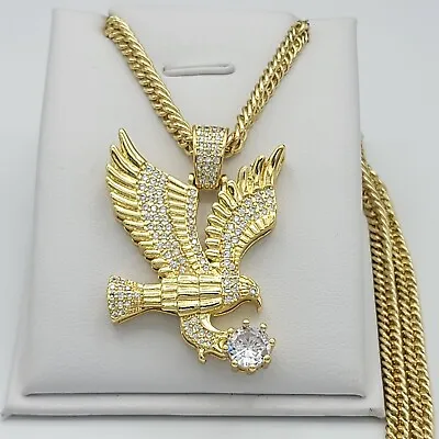 Mens 14k Gold Plated Hip-Hop Clawed Eagle Pendant Curb Link Chain Necklace • $20