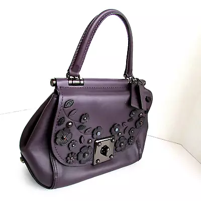 Coach Willow Tea Rose  Drifter Purple Leather Turn Lock Satchel Floral Applique • $315