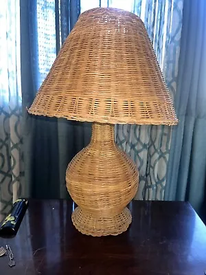 Vintage Wicker Rattan Table Lamp With Matching Shade Natural  17” Tall Switch  • $145