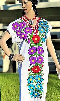 White Dress/huipil Colorful Floral Embroidery Tunic Made In Mexico Frida Kahlo • $74.95