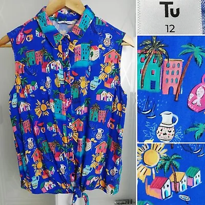 £8.99 • Buy TU House Print Sleeveless Shirt 12 Blue Holiday Palm Sun Mediterranean Tie Waist