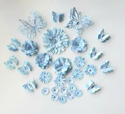 30 X Recycled Layered Paper Flowers And Butterflies Card Making Crafts Toppers • £2.99