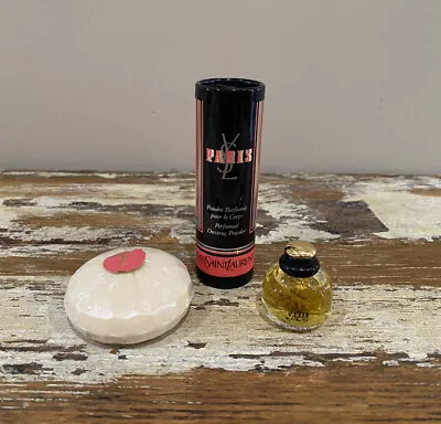 VTG YSL PAIR PERFUMED DUSTING POWDER 22g FOR WOMEN Bar Soap & EDP 7.5 ML MINI • £47.03