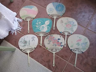 LOT Of 7 VINTAGE JAPANESE UCHIWA FANS HAND HELD PLASTIC & PAPER MADE IN JAPAN • $15