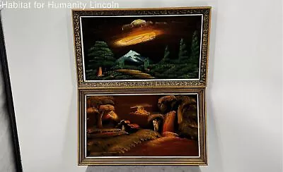 Vintage Black Velvet Painting Framed-Lot Of 2-Mountains And Sun In Nature • $54.18