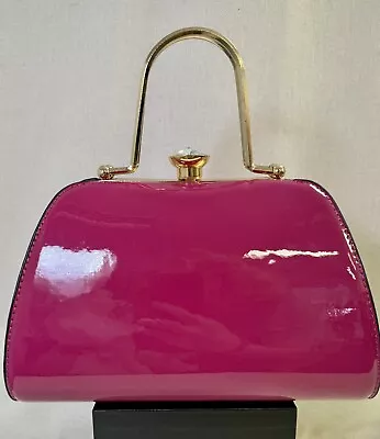 La Terre Magenta Pink Patent Purse Handbag W Gold Accents & Long Strap • $12.99