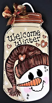 Welcome Winter SNOWMAN MASON JAR SIGN Wall Art Door Hanger Plaque Holiday Decor  • $13