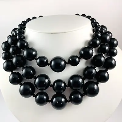 Vintage Chunky Black Beaded Layered Multi Strand Necklace 16  Decorative Clasp • $27.99