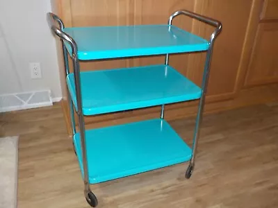 Vintage COSCO 32  Robin Egg Blue  Enameled Steel Rolling Tool Kitchen Bar Cart • $169.99