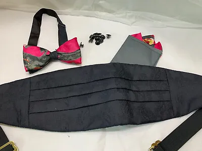 Vtg Silk Cummerbund Bowtie Set Deep Pink Black Multi 10 Black Button St USA Made • $19