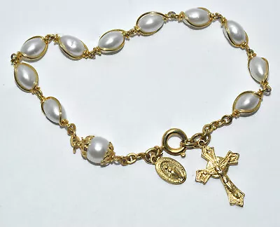 Vintage Mini Rosary With Faux Pearl Beads Brass Cross & Miraculous Medal • $14.95