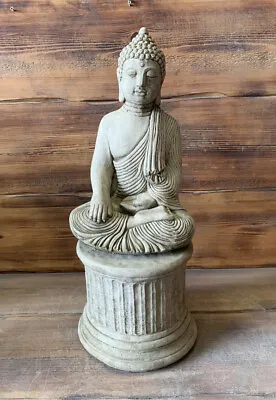 Stone Garden Large Maze Robe Buddha On Plinth Natural Gift Concrete Ornament • £62.95