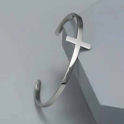 Men Silver Plated Stainless Steel Cross Open Bracelet Bangle Wristband Jewellery • $2.76