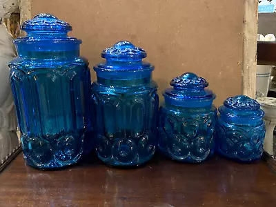 Vintage Set Of 4 L. E. Smith Moon And Stars Cobalt Blue Canister Set (Set Of 4) • $159