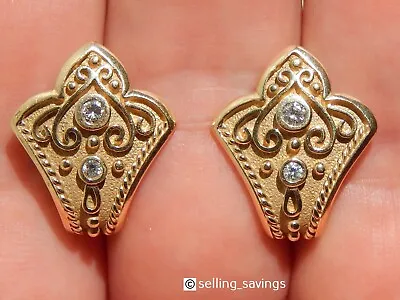 14K YELLOW GOLD H STERN BEZEL DIAMOND ESTRUSCAN BYZANTINE 9/10th INCH EARRINGS • $695
