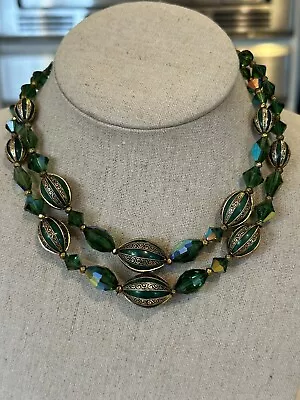 Aurora Borealis  Vintage Necklace Emerald/gold-tone Unique Beads 2 Strand • $15