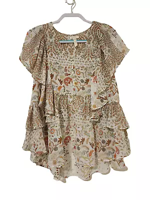 Matilda Jane Womens Ruffled Boho Tunic Blouse Size M Beige Brown Green Floral • $20