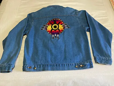 Vintage 1980s Retro Denim Gear Native American Jean Jacket Aztec Navajo Large • $50.75