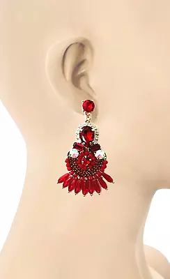 2.5” Long Red AB Acrylic Crystals Statement Evening Earrings Drag Queen Pageant • $18.53