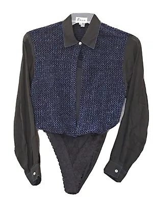 A'nue Ligne VTG 70s Women's Sz S Bodysuit Crochet Blouse Black/Blue Long Sleeves • $19.99