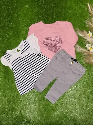 Primark Baby Girls 0-3M Pink Long Sleeve Jumper Striped Top Grey Jeans Set • £3.85