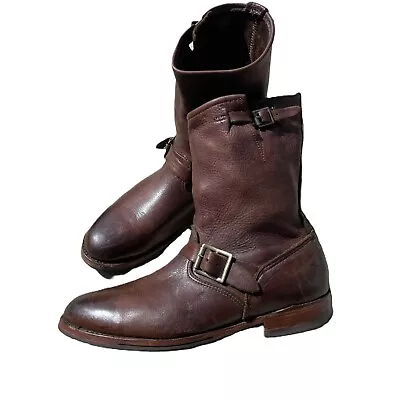 Vintage Shoe Co Women Sz 10 Veronica Boot Brown Leather Strap Mid Calf Flat Moto • $52