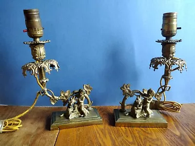 Pair Angel Cherub Lamps Brass Ornate Goat Desk Table Lamp  • $73.08