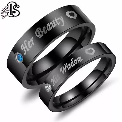 2pcs Matching His Beauty Her Wisdom Stainless Steel CZ Wedding Couple Ring Set • $12.99