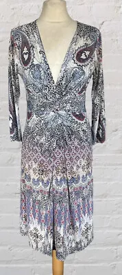 ILSE JACOBSEN Multicoloured Twist V Front 3/4 Length Sleeve Dress Size M 12-14 • £19.99