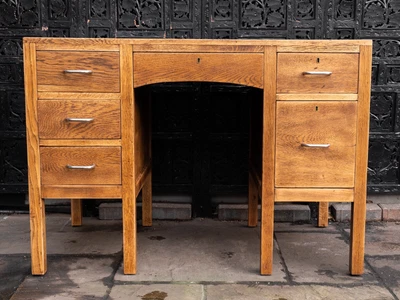 £475 • Buy Vintage Oak Double Pedestal Teachers Desk With Retro Metal Handles