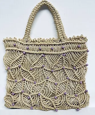 Macrame Jute Tote Handbag Purse Accents Of Tiny Lavender Beads 8” X 9” Boho • $14