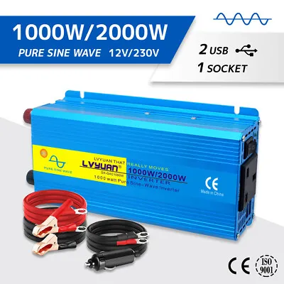 1000W 2000W Pure Sine Wave Car Rv Power Inverter USB Converter DC12v To AC 230v • £89.99