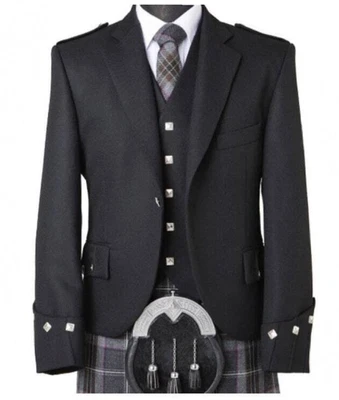 £64.99 • Buy Scottish Argyle Kilt Jacket & Vest Black Wool Men Wedding Jacket