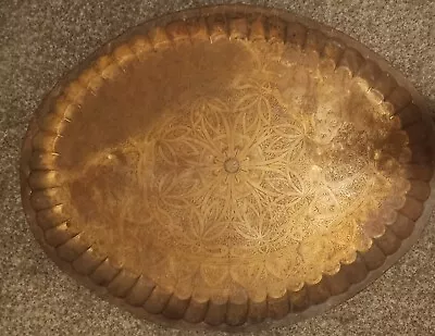 Rare Vintage Mid Century Moroccan Brass Table Topper/Oval-34  X 25  Etch Design • $300