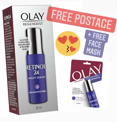 $27.99 • Buy Olay Regenerist Retinol 24 Night Serum Fragrance Free 30ml + FREE FACE MASK
