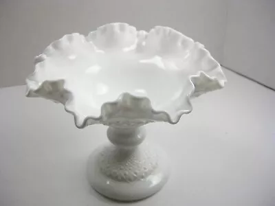 Vtg Fenton Hobnail Diamond Milk Glass Pedestal Compote Candy Dish Ruffled Edge • $19.99