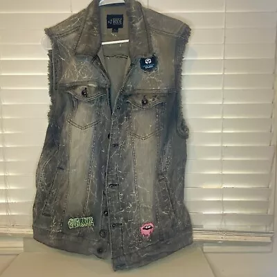 VTG Y2K XXX RUDE Hot Topic Black Denim Vest Mens Large Variety Of Patches & Pins • $45