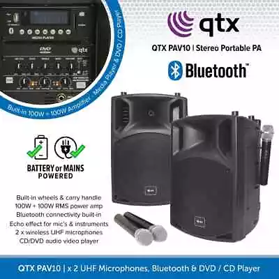 QTX PAV10 Portable PA System 2 X Speakers Wireless Microphones Bluetooth & MP3 • £395