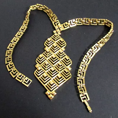 Vtg Etruscan High Gleam GP Openwork Geometric MONET Runway Pendant Necklace Exc • $142.99