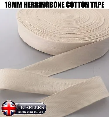 18mm Natural / Cream Herringbone Cotton Tape 0.3mm Thick. Bunting Fabric Strap  • £3.99