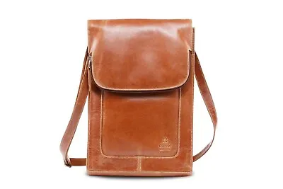 Large Ladies Gents Real Vintage Tan Leather Messenger Shoulder Cross Body Bag • £19.50